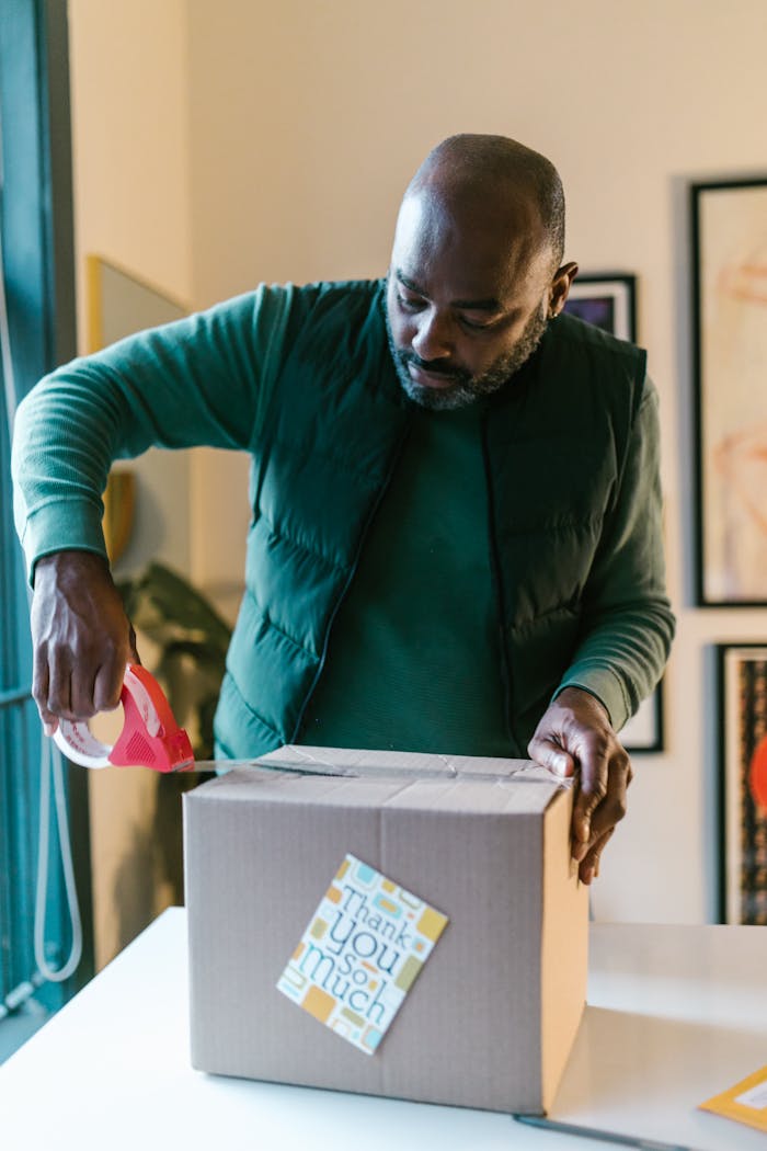 Man packing a box with thank you card, using packing tape. Indoor setting.